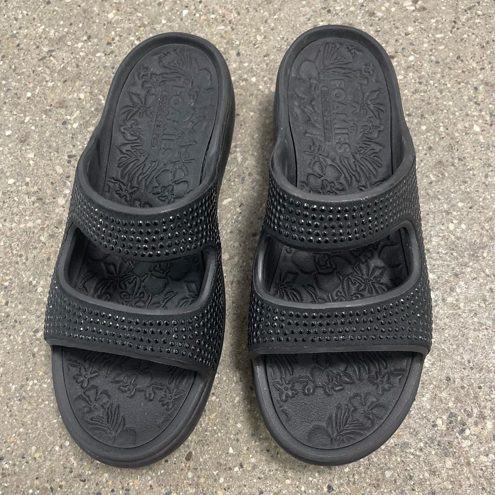 Skechers Black Dual-Strap Slide Sandals with Stud Accents